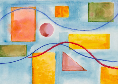 Abstract Watercolor Crayon Geometric Shapes Blue Background