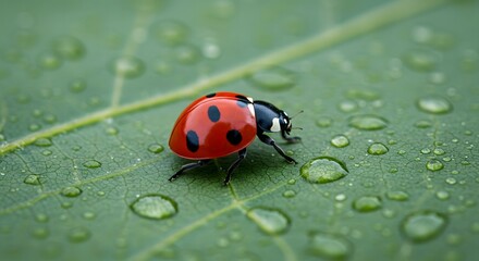Macro shot of a bright red ladybug resting on a vibrant green leaf covered in water droplets