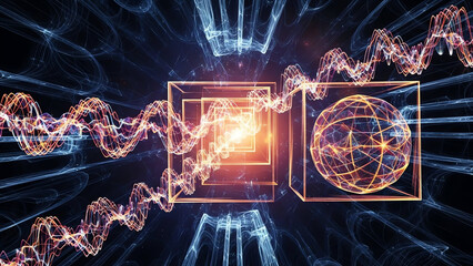 Abstract Data Wave and Glowing Cube