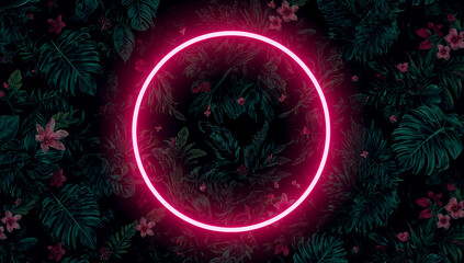 Pink neon circles against tropical jungle floral