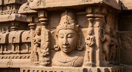 Intricate stone carving of a deity or figure on the wall of an ancient Indian temple