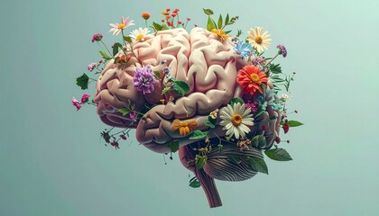 Conceptual image of a human brain intertwined with flowers symbolizing self care, mental health, emotional balance, and personal growth in a calm wellness lifestyle theme.