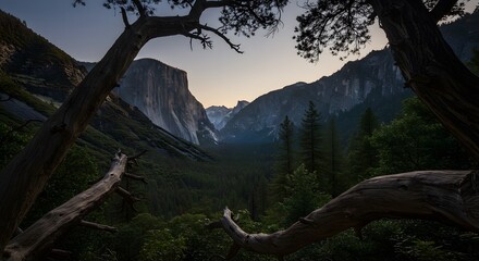 Dramatic View of Steep Valley Cliffs and Forest at Dusk