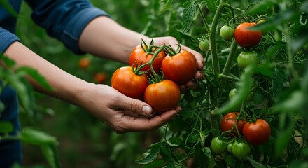 Hands Harvesting Ripe Red Tomatoes from Vine in a Garden