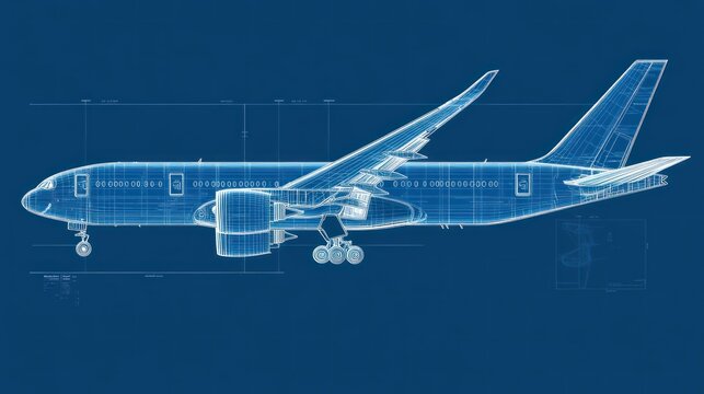 Blueprint of an airplane showcasing technical design and engineering details.