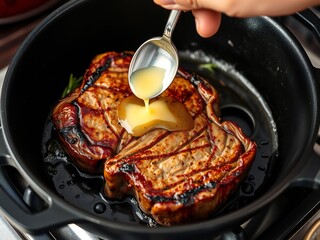 Cooking steak with butter sauce
