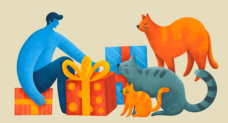 Man unwrapping gifts with cats nearby during a festive celebration
