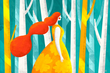 Forest scene with a woman in a yellow dress and bright red hair