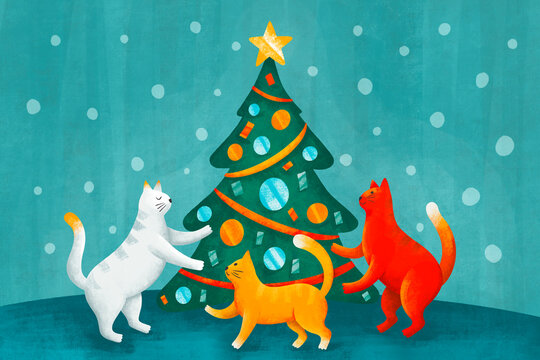 Cats decorate a Christmas tree with festive colors and joy