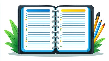 Open Digital Notebook With Yellow And Blue Pages And Writing Supplies