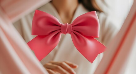 Close-up of Hands Holding a Large Pink Satin Gift or Decorative Bow