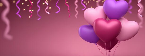 Pink And Purple Heart Shaped Balloons With Confetti And Ribbons Against A Soft Pink Background