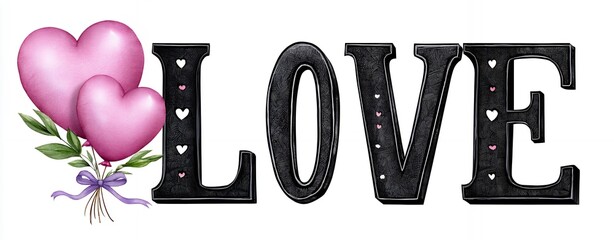 Two Pink Hearts Beside Glittering Black Word Love On White Background