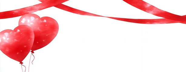 Two Red Watercolor Heart Balloons with Red Ribbon Decoration Isolated on White Background