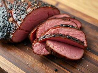 Sliced roasted beef on wooden board