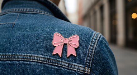 Small Pink Bow Pin Accessory Attached to Denim Jacket Outdoors