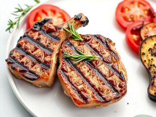 Grilled pork chops with fresh herbs and vegetables