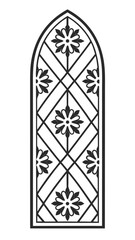 Decorative Medieval Style Arched Window with Ornate Metalwork and Flower Motifs