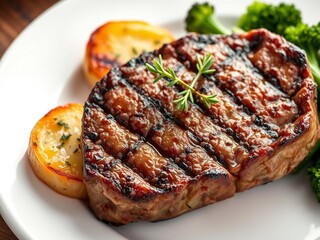 Grilled steak with lemon and broccoli