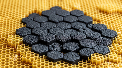 Black Hexagon Tiles on Yellow Honeycomb Surface
