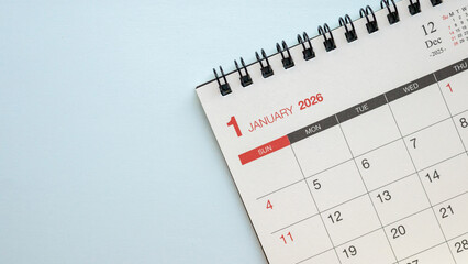 January 2026 calendar page on light blue background with copy space for new year planning