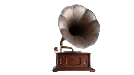 Vintage phonograph with a large brass horn, evoking nostalgia and history. Retro sound technology bringing classic music