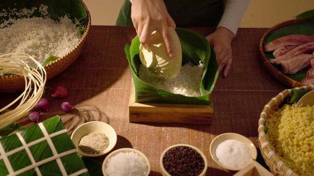 Cinematic video of hands pressing and shaping Chung , showing Vietnamese Tet traditions and the cultural importance of handmade Lunar New Year food