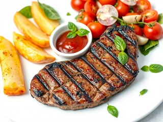 Grilled steak with potato wedges and fresh salad