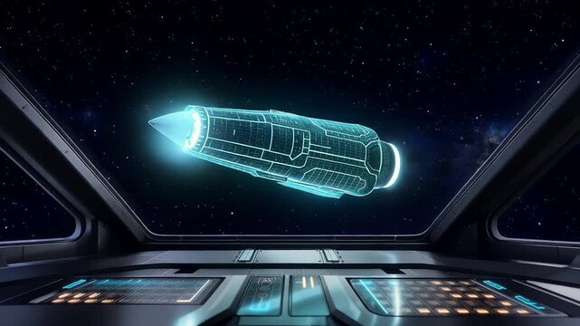 View from spacecraft cockpit, spaceship passes across starry sky, neon grids. Digital art, space travel theme