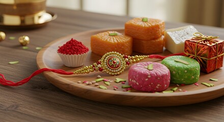 Colorful Decorative Asian Pastries or Mooncakes Arranged on Wooden Board