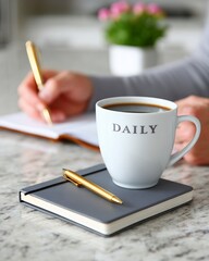 Close up of a person writing in a journal with a cup of coffee and a pen on a desk