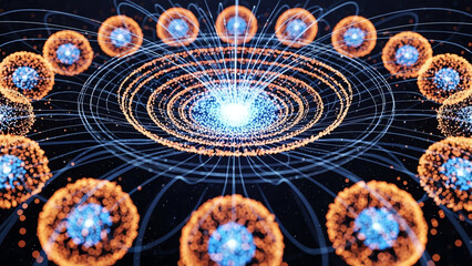 Central Bright Nucleus with Orbiting Rings and Orange Blue Nodes