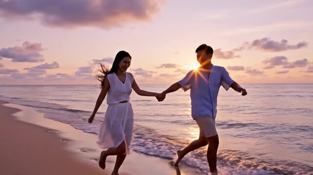 Chasing Sunset Bliss: A romantic couple hand-in-hand sprints along the shoreline. The image encapsulates a moment of pure bliss and affection.