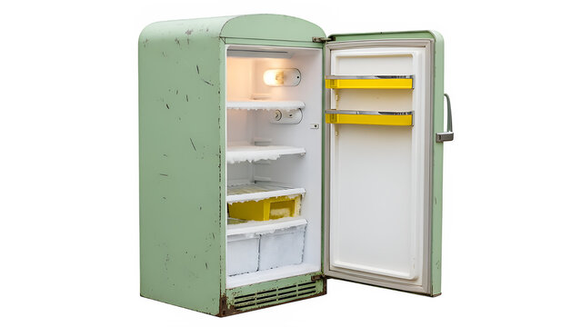 an old refrigerator with a door open, isolated on white or transparent background. PNG