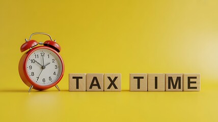 Red alarm clock stands next to wooden blocks spelling TAX TIME on a bright yellow surface