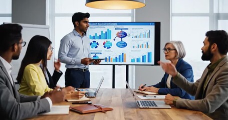 Business meeting with diverse professionals discussing growth strategies using charts and graphs - Powered by Adobe