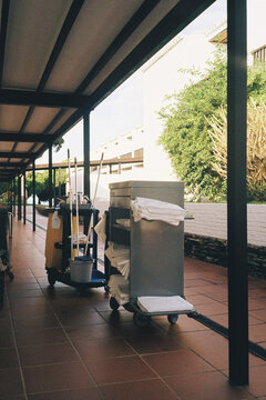 Hotel Cleaning Carts in Hallway
