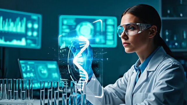 Visionary in the Lab: A focused scientist, shielded by safety glasses, intently examines a luminous DNA double helix.