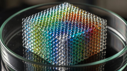 Multicolored Cube of Tiny Spheres Resting on Glass Dish