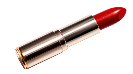 Red lipstick with golden case showing vibrant color for beauty, makeup, fashion, and glamour concepts