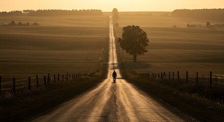 Straight rural road leading towards a solitary tree on the horizon in a foggy golden landscape