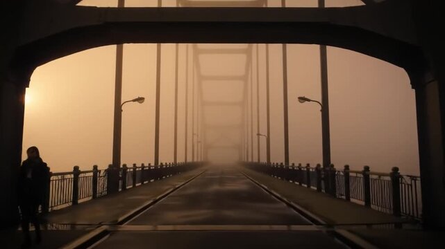 Suspension bridge silhouette in morning fog long exposure concept