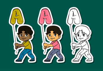 Cute Boys Holding Letter A Balloon Sticker Set