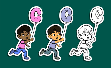Cute Boys Holding Letter C Balloon Sticker Set