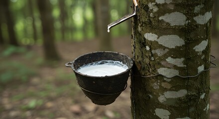 Close-up of a rubber tree trunk with a bowl collecting white latex during the tapping process