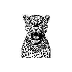 Roaring Leopard Portrait With Beaded Necklace © JohnStock12