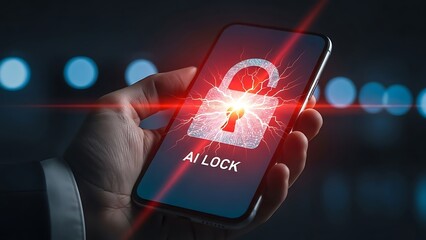 Hand holding smartphone displaying AI lock with glowing red energy and lightning mobile phone
