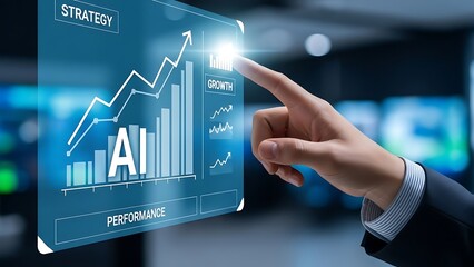 Businessman interacting with a holographic screen displaying AI-driven business strategy, growth, and performance metrics.