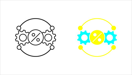 Gear Percentage Icon set. Line Style Gear and percentage symbol  in outline style representing discount, efficiency, performance, optimization, and business or industrial processes.