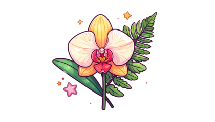 A stylized orchid with leaves and fern, surrounded by stars against a transparent background
